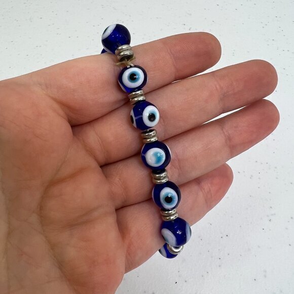 Blue Evil Eye Bead Bracelet For Protection Glass Beaded Stretch Silver Tone - Picture 3 of 6